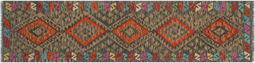 Flat Weave Kilim, Antique, Navaho, Vintage, Handmade, Geometric Kilim Charcoal Rust Hand-Woven Runner 100% Wool Area Rug 2 x 8